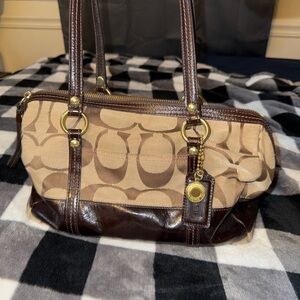 Coach Brown and Tan Signature Shoulder Bag
